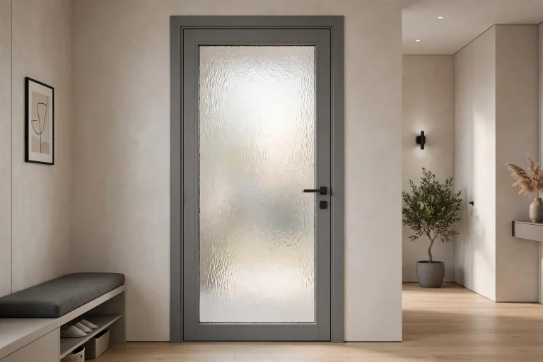 Porta interna grigia con vetro satinato